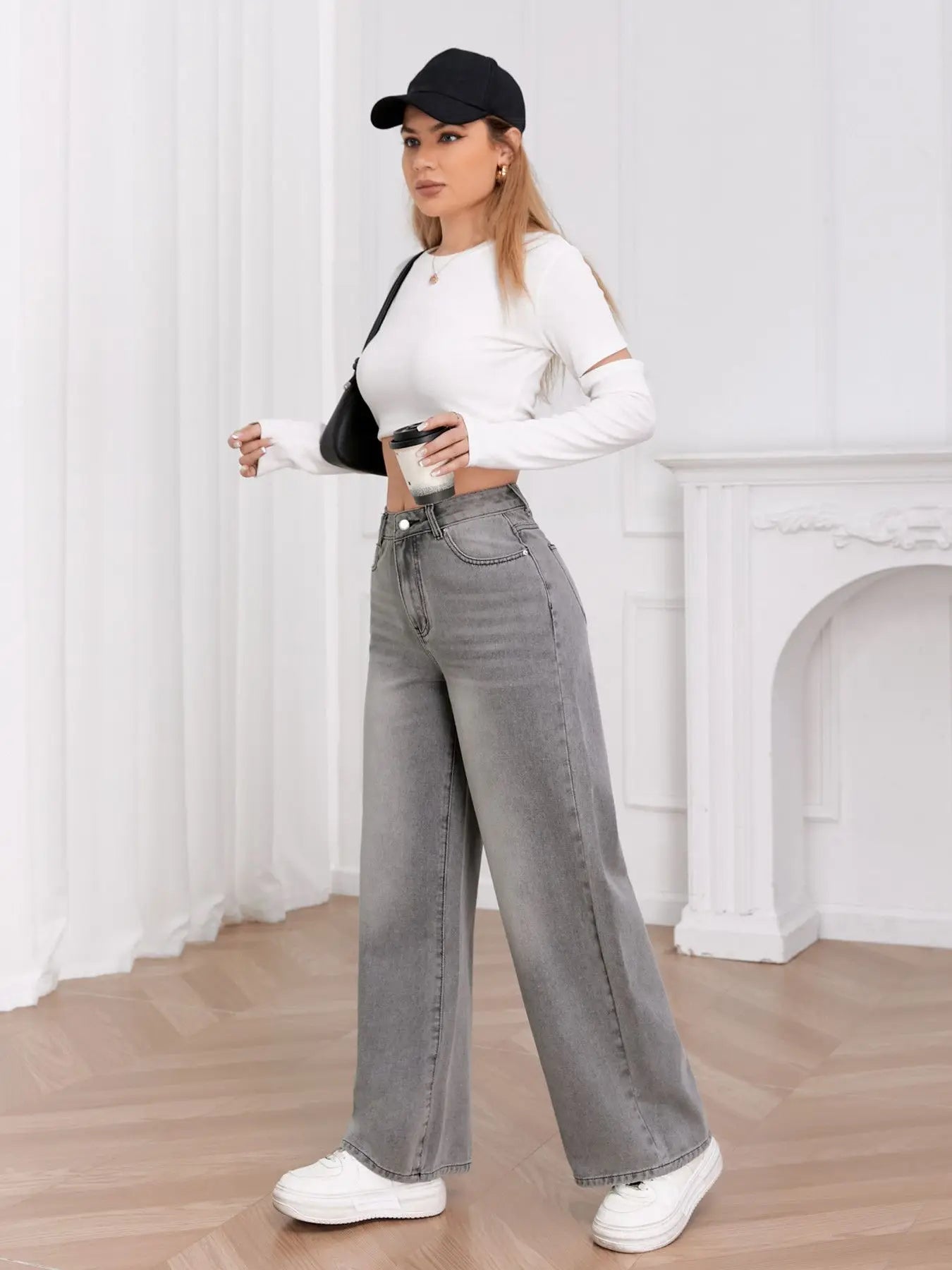 European and N Trend Washed Sky Gray Wide Leg Jeans Women Comfortable Fashion All-around Match Trend Jeans