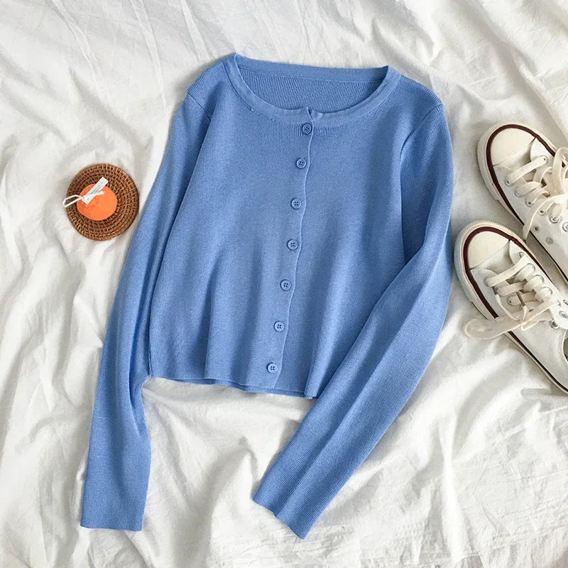 Spring Autumn Knitted Cardigans Women Long Sleeve Buttons Front Vintage Cardgian Top Classic Style Simple Soild Color Chic