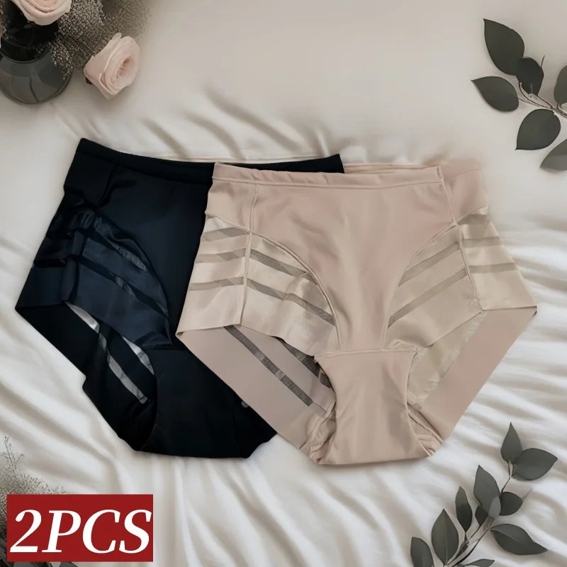 2Pcs/Set Women's Ice Silk Tummy Control Panties Mid Waist Mesh Splice Shaping Briefs Butt Lifter Slimming Soft Underwear M-3XL