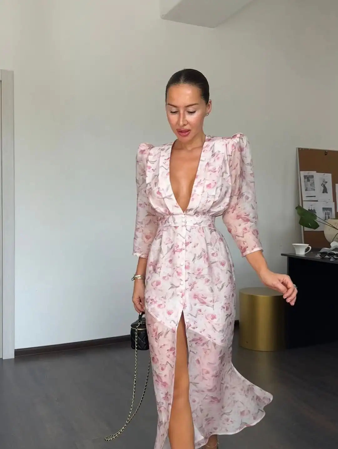 Fashion Organza Floral Printed Maxi Dress V-Neck Puff Sleeve 2026 Spring/Summer Romantic Women Party Gown Elegant Lady Vestido