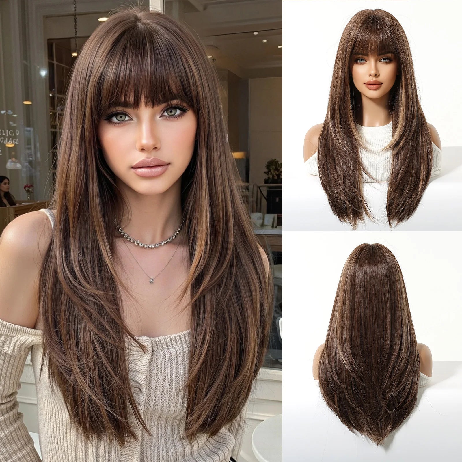 ALAN EATON Long Brown Highlight Synthetic Wigs Layered Straight Hair Wig Realistic Fake Hair for Daily Wear High Temperature Wig