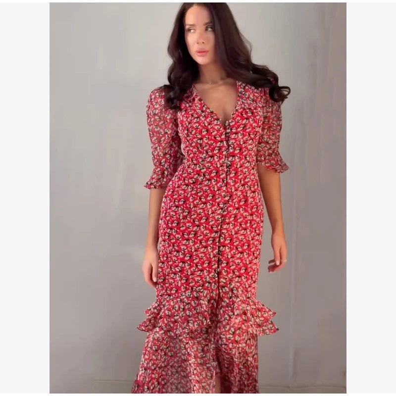 Organza Floral Printed Maxi Dress V-neck Puff Sleeve 2026 Spring/summer Romantic Women Party Gown Fashion Elegant Lady Vestido