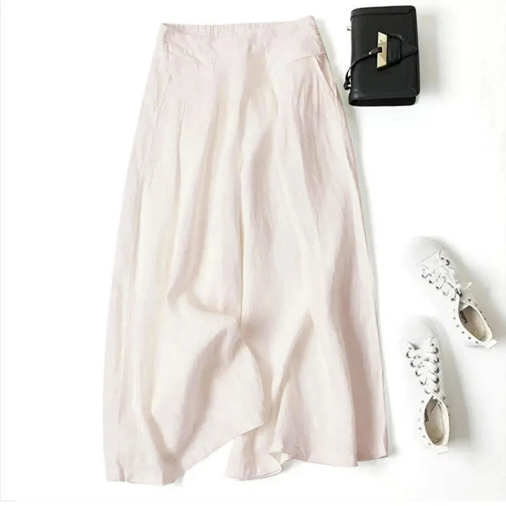2026 Summer Women's Culottes Cotton Linen Cropped Wide Leg Pants Elastic Waist Casual Palazzo Trousers with Pockets