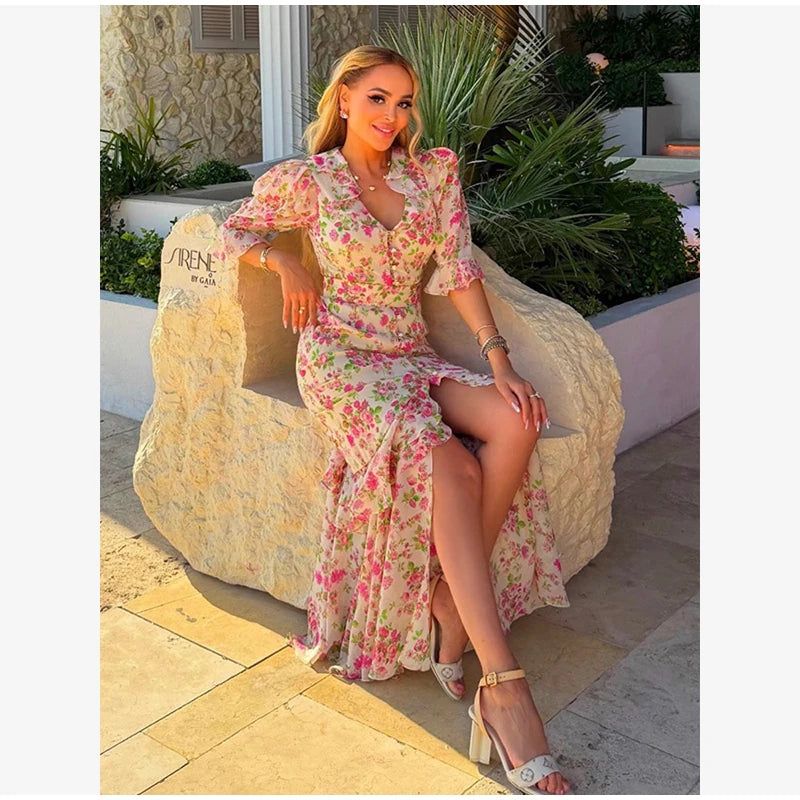 Organza Floral Printed Maxi Dress V-neck Puff Sleeve 2026 Spring/summer Romantic Women Party Gown Fashion Elegant Lady Vestido