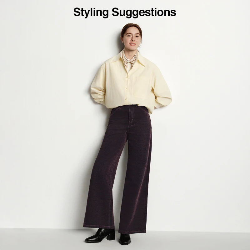 Semir Jeans Women Maillard Flocked Long Pants Cool Style 2025 New Winter Fleece Lined Loose Wide Leg Retro Women's Clothing