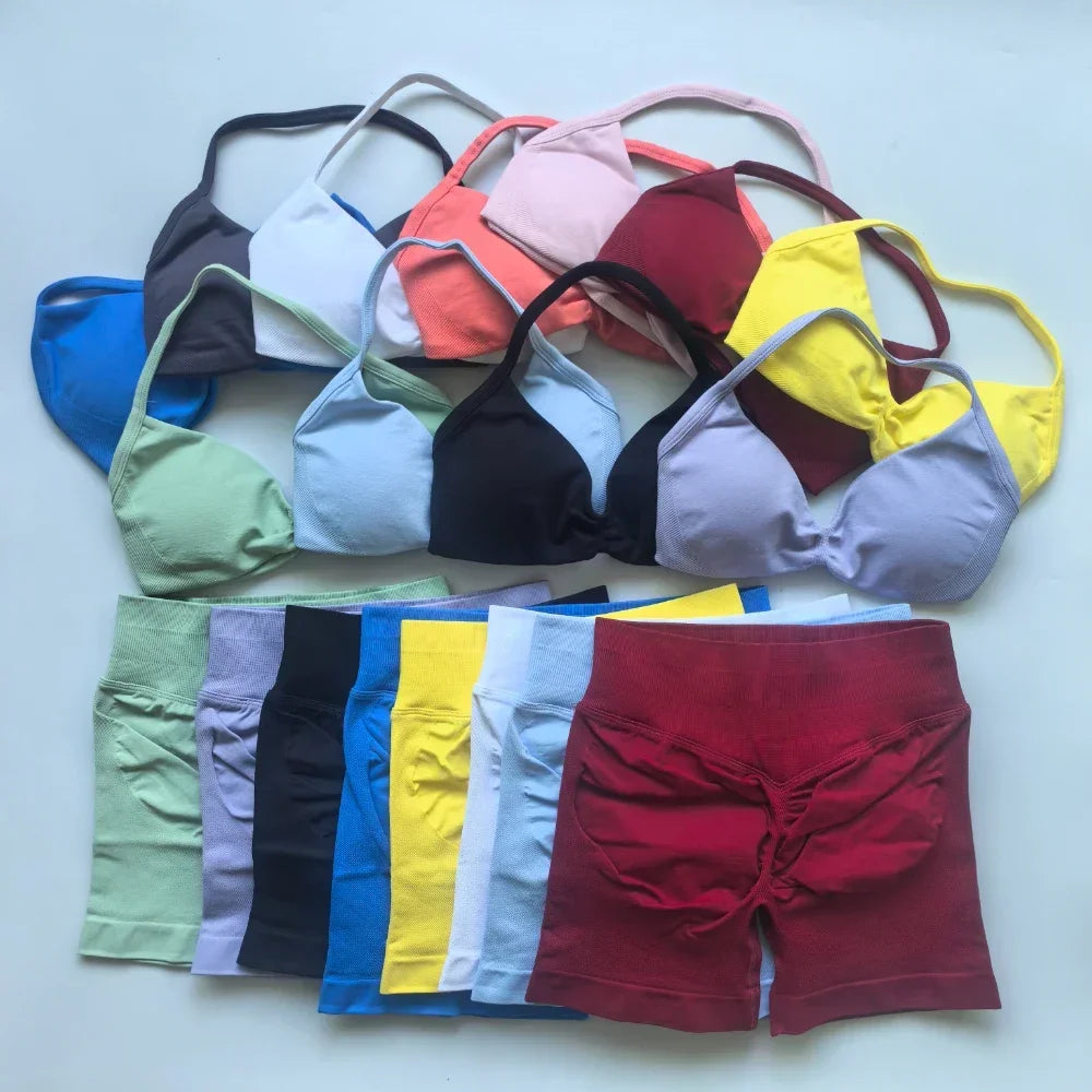NO LOGO 2PCS Gym Set Women Strappy Yoga Bra Top High Waist Workout Scrunch Shorts Sports Suit Seamless Yoga Set Fitness Clothes