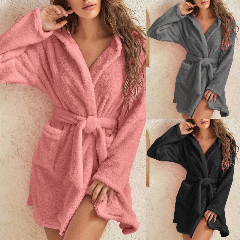 Autumn Winter Women Sexy Bath Robe Fluffy Plush Pyjamas Ladies Hooded Dressing Solid Color Gown Warm Bathrobe Female loungewear