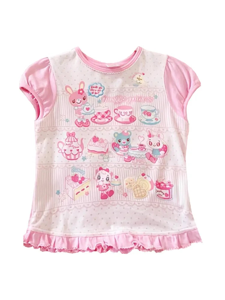 Japanese Girl Woman Clothing Cute Printed Short T-shirts Female Summer Colorful Short Tops Kawaii Pulover Youthful y2k Clothes