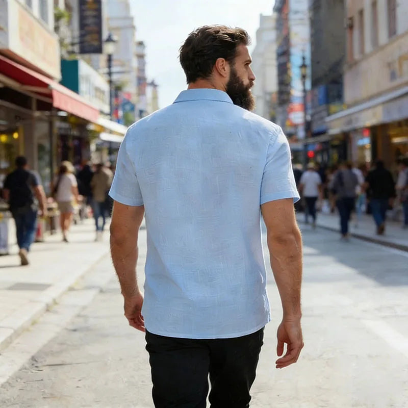 Men's Linen Blend Short Sleeve Button Down Shirt Casual Beach Tops with Chest Pocket Breathable Lightweight Summer Shirts forMen