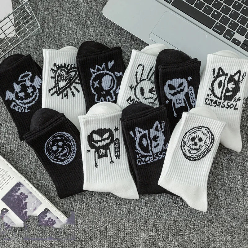 10 pairs of funny little devil pattern socks, casual and personalized, black and white colors suitable for various trendy occasi