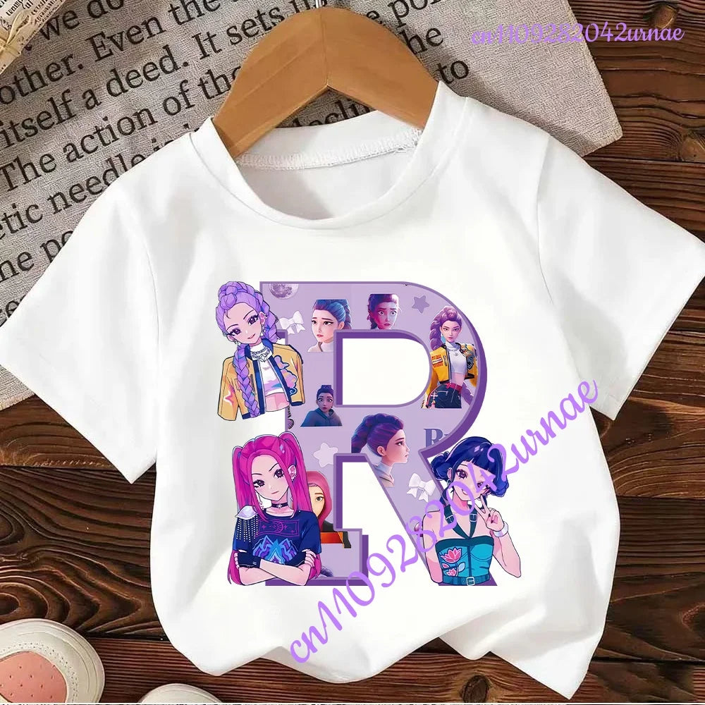 Kpop Demon Hunters Letter A-Z T-shirt Kawaii Rumy Birthday Tops Party Wear Girls Tee Summer Short Sleeve Cotton Kid Clothes