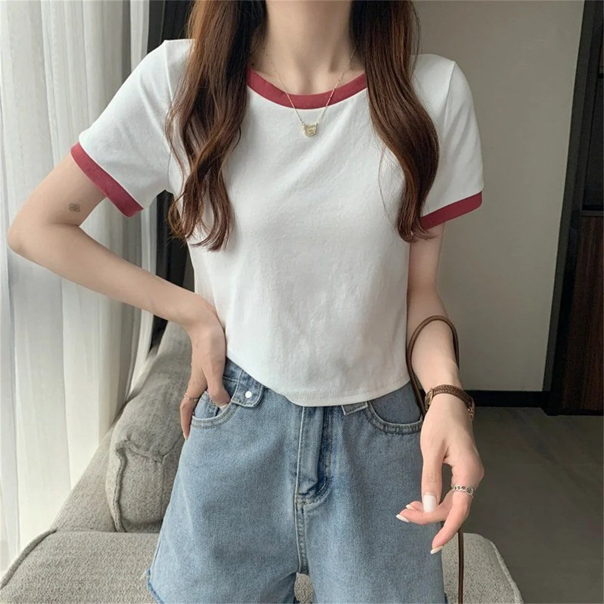 Fashion Patchwork T-shirts Women Basic Tee Casual Oversized Tops Quality Unisex Short Tshirts Tees Girl Summer Clothing Tops