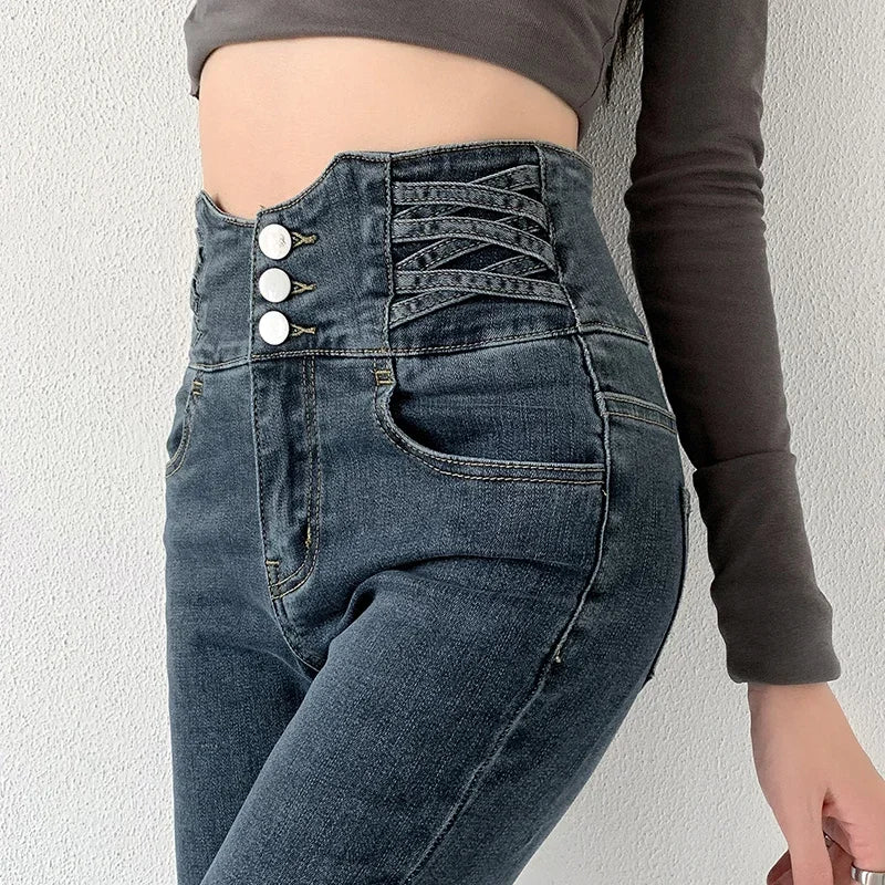 Skinny Pencil Y2K Jeans Four Buttons Vintage High Waist Women Slim Stretch Denim Pants Tight Trousers 2025 Women's Denim Pants