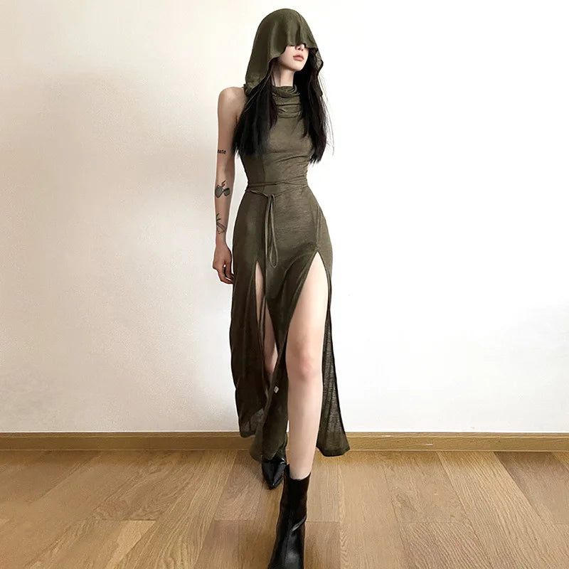 y2k Dress Women Clothes Solid Color Sleeveless Hollow Out Back Slit Hooded Dress 2000s Halloween Party Dresses