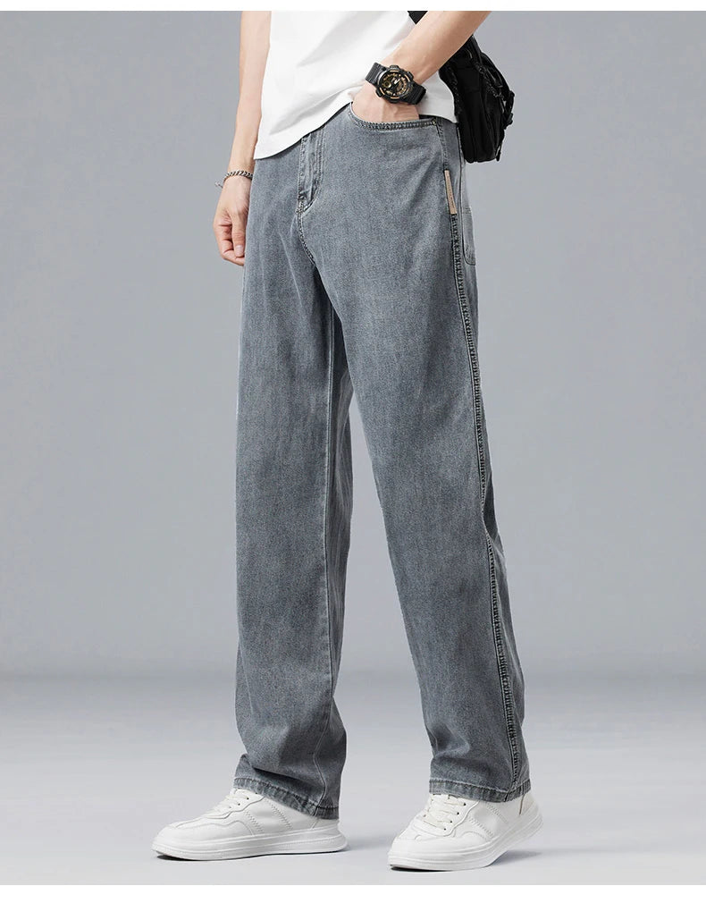 Summer Ultra-thin Lyocell Men's Jeans Drape Soft Fabric Loose Straight Casual Denim Pants Elastic Ice Silk Male Trousers