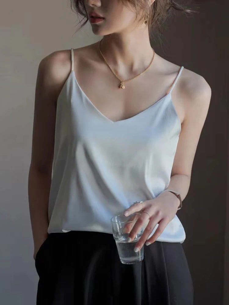 Women Halter V Neck Basic White Cami Spaghetti Strap Top Sleeveless Satin Silk 2026 Tank Tops Women'S Summer Camisole