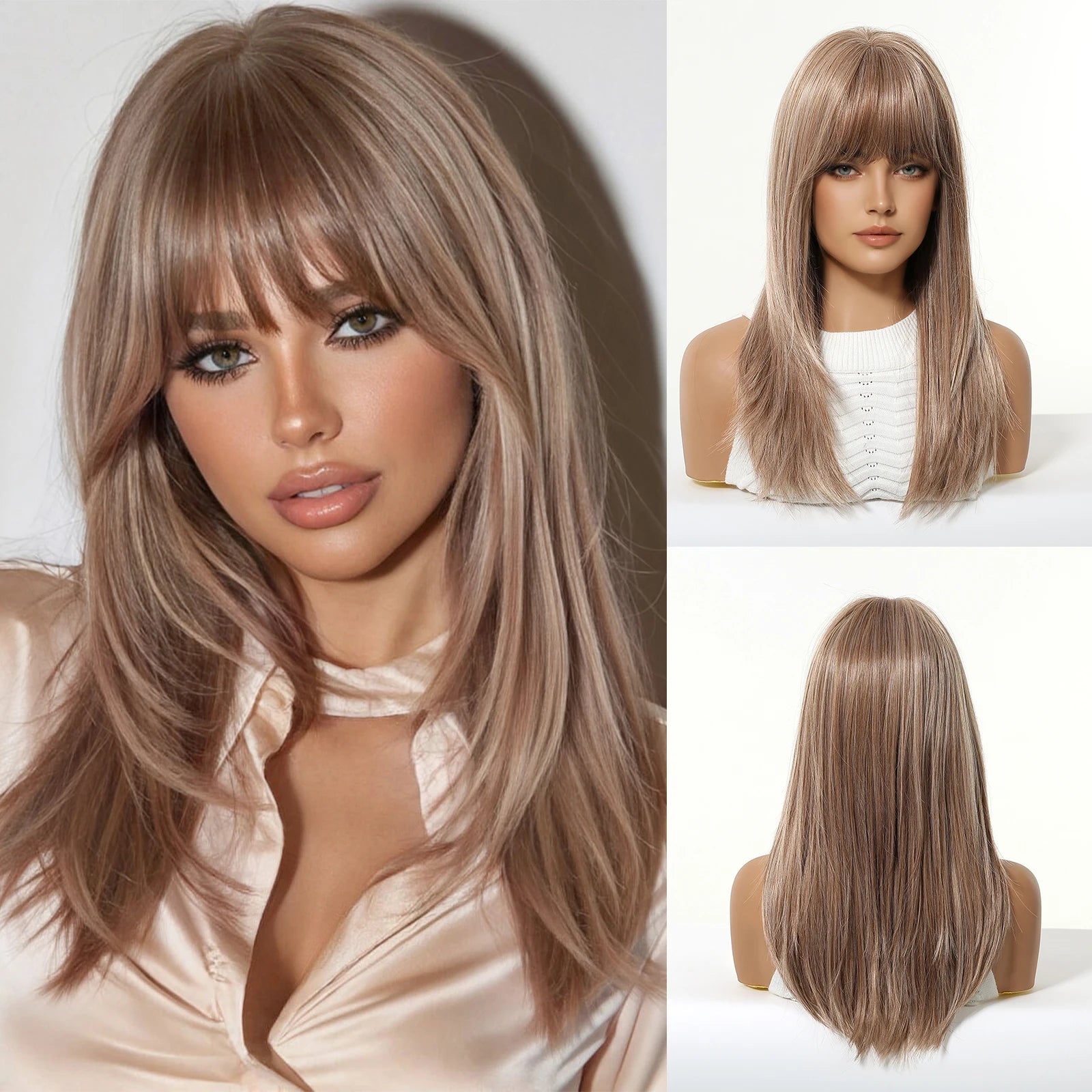 ALAN EATON Long Brown Highlight Synthetic Wigs Layered Straight Hair Wig Realistic Fake Hair for Daily Wear High Temperature Wig