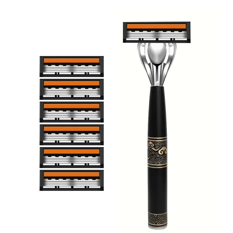 Men's 3-Blade Manual Razor with Non-Slip Handle and Multiple Replacement Blades - Ideal for Trimming Beards and Mustaches