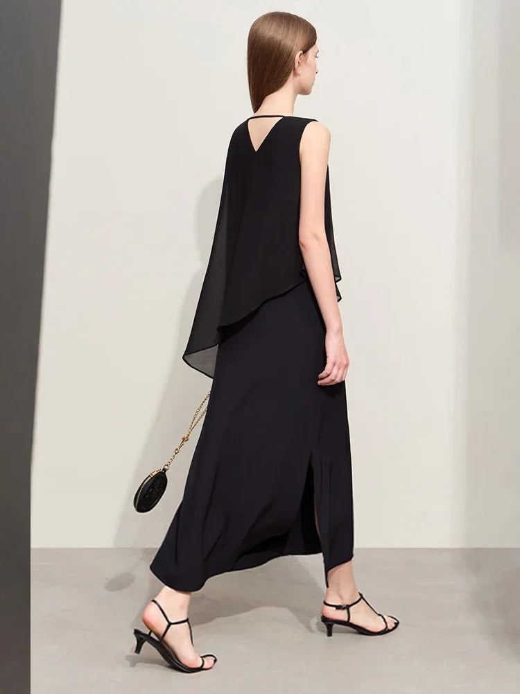Amii Minimalism 2024 Women Dresses Summer New Vacation Style V-neck Spliced Chiffon Female Sleeveless Loose Dress 12452102