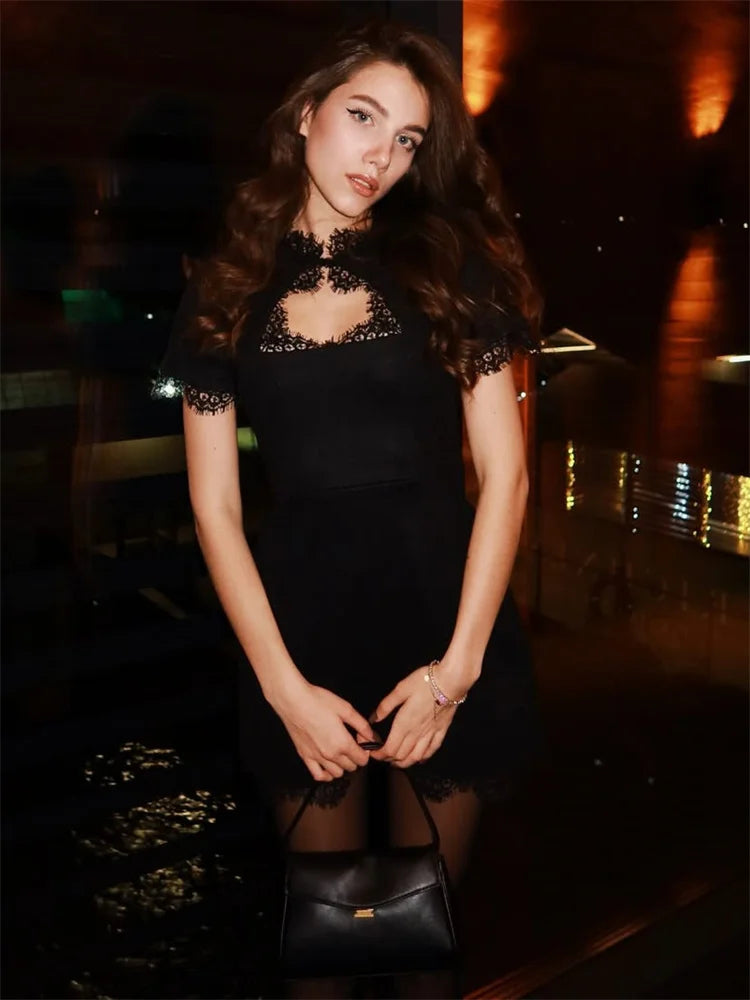 Tossy Black Lace Hollow Out Mini Dress Female Patchwork Short Sleeve Sexy High Waist Party Dress Women's Casual Printed Dress