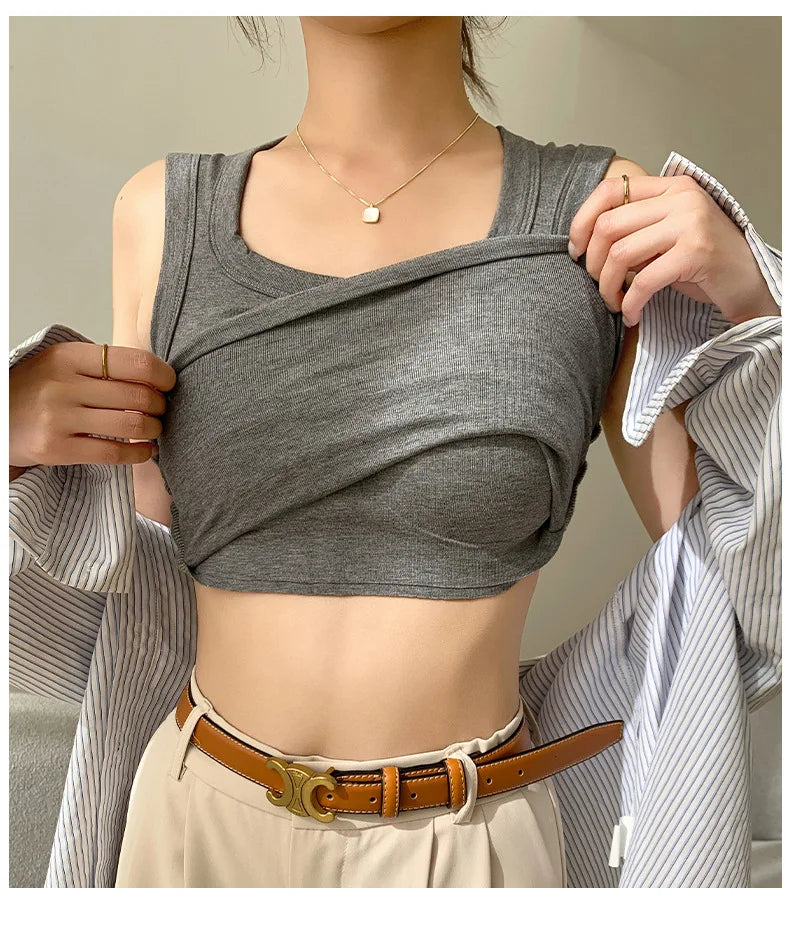 2026 New Wide Shoulder Strap Women's Vest with Chest Pad Summer All-match I-shaped Vest Slim Fit Base Top Fashion Outer Wear