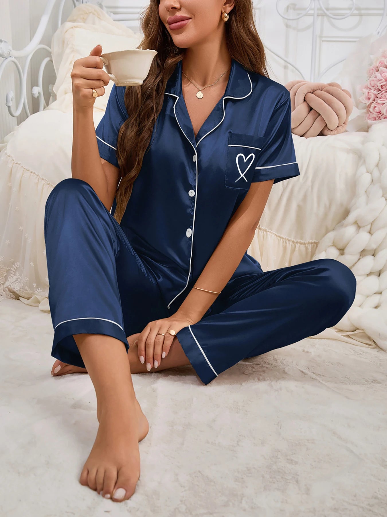Women's Sleepwear Simple Satin Pajama Set Long Sleeve Buttons Lapel Top With Elastic Pants Loungewear Nightwear 2 Piece Nighty