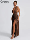 Nibber Elegant Women Long Dresses Solid Hipster Halter V-neck Backless Shirring Side Split Vestidos Female High Street New Robe