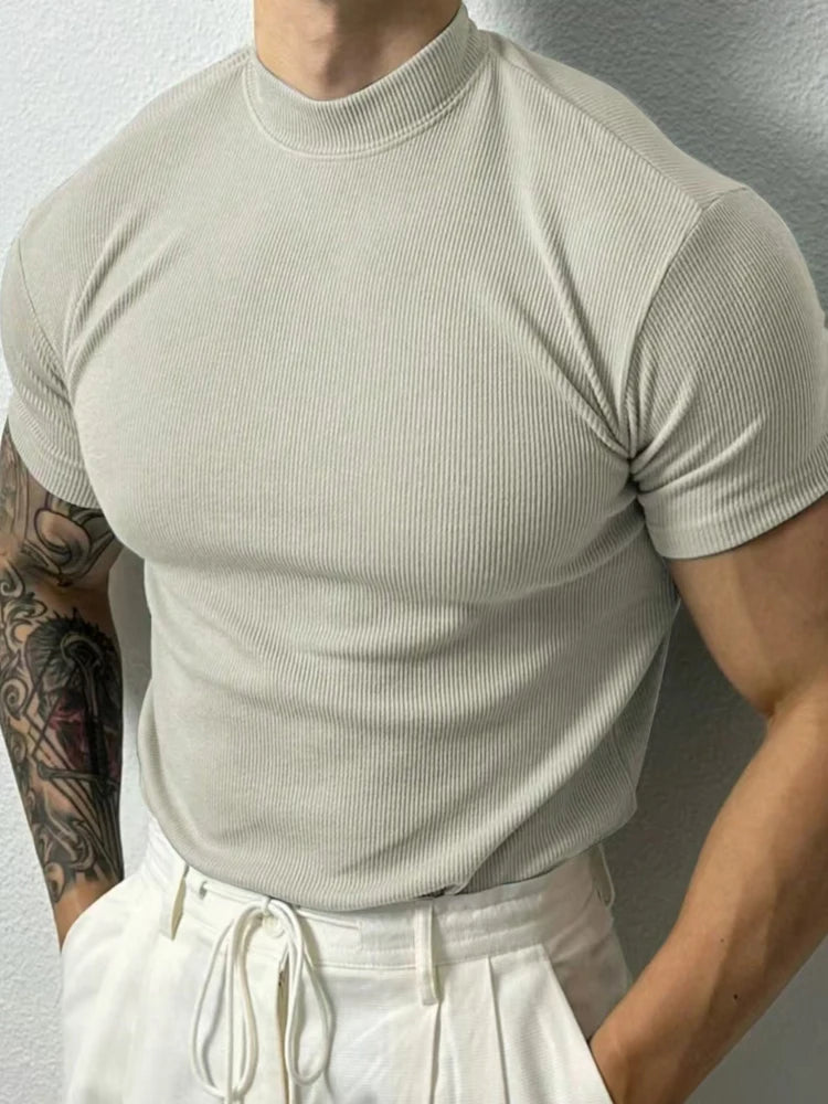 2026 New fashion Men's T-shirt Small high collar stripe shirt short sleeve fitness top leisure sport T-shirt Men sportswear