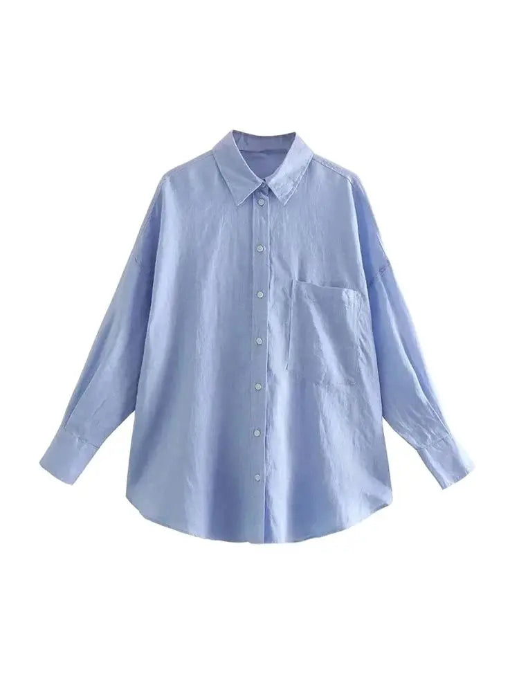 Women Fashion With Pocket Oversized Shirts Vintage Long Sleeve Button-up Female Blouses Blusas Chic Tops