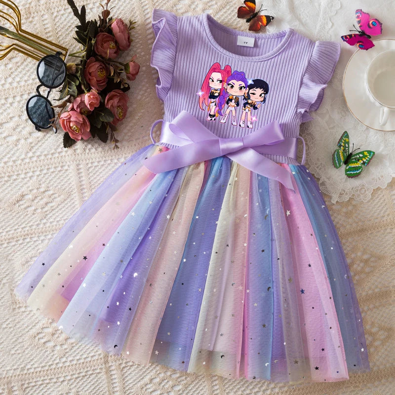 K-Pop Hunters Zoey Mira Rumi Girls Flying Sleeves Bow Sequin Dress Kids Baby Girl Birthday Party Fluffy Tutu Princess Dress 1-5Y