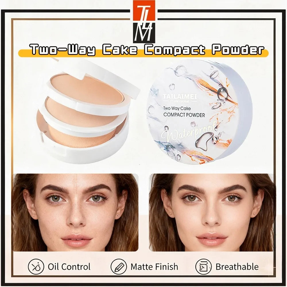 TLM TAILAIMEI  Two-Way Cake Compact Powder with Puff Matte Finish Face Powder Makeup Oil Control Lightweight Pressed Powder P105