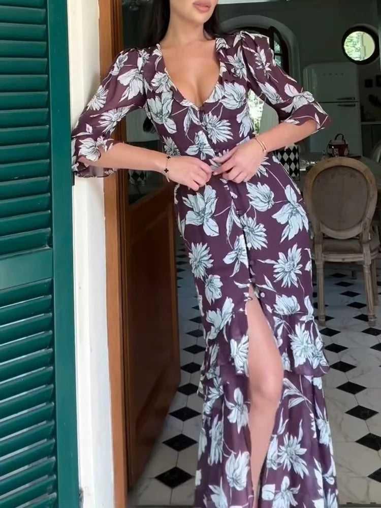 Organza Floral Printed Maxi Dress V-neck Puff Sleeve 2026 Spring/summer Romantic Women Party Gown Fashion Elegant Lady Vestido