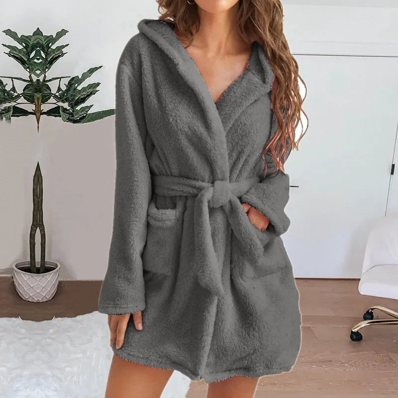 Winter Women Bath Robe Fluffy Plush Pyjamas Ladies Sexy Hooded Dressing Solid Color Gown Warm Bathrobe Female loungewear