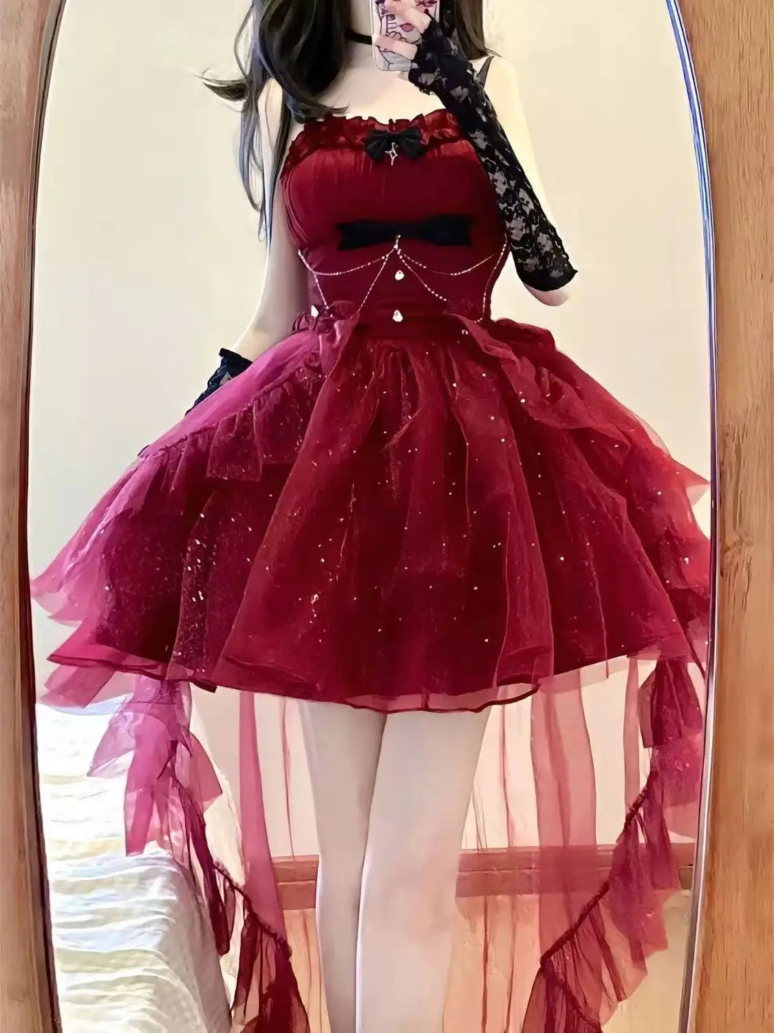 Gothic Red Lolita JSK Dress Women Spaghetti Strap Ruffle Tulle Skirt Chain Bow Decor High Low Hem Vintage Princess Party Dress