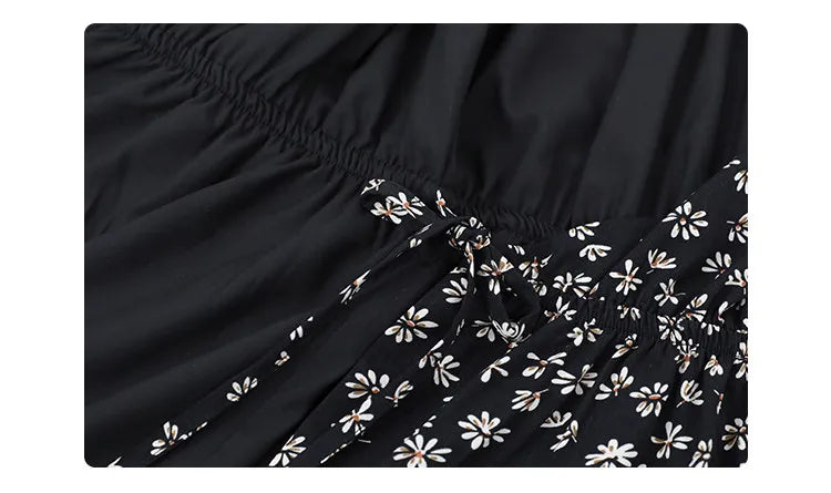 CHIC VEN New Women Dresses Long Sleeved Retro V-neck Black Floral Female Dress Elastic Waisted Lace Up Spring Summer 2026