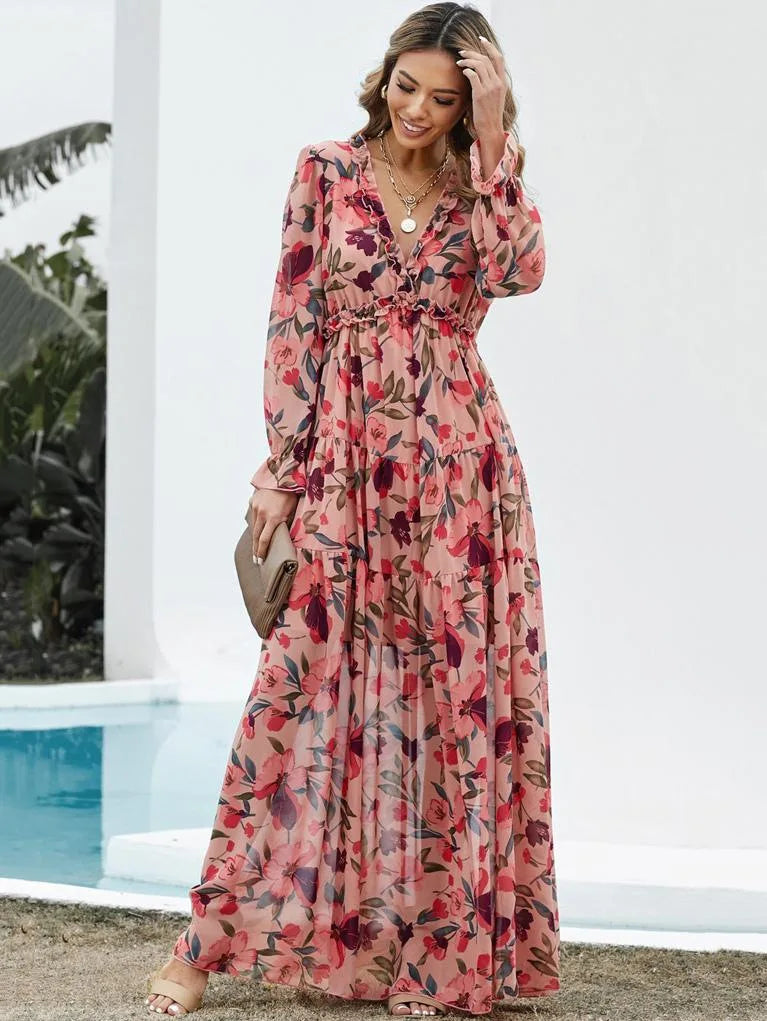 Elegant Floral Print Women Summer Casual Ruffle Layered Long Sleeved V-neck A Line Long Maxi Party Loose Boho Dresses