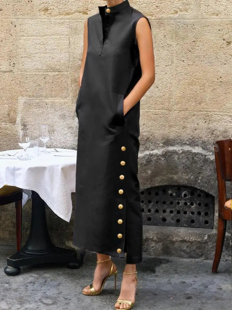 UOOZEE Female Vintage Solid Color Split-Side Stand Collar Party Evening Dresses 2025 New Summer Buttoned Casual Shirts Dress