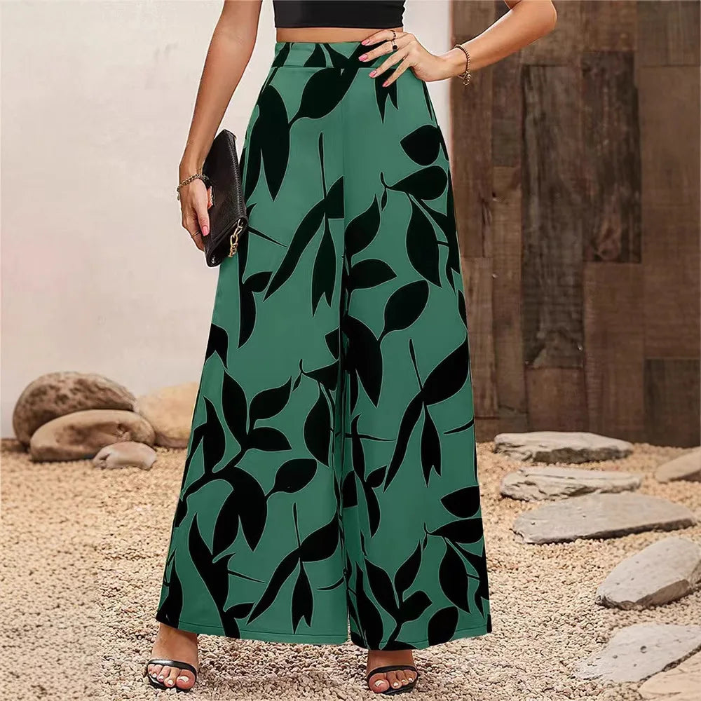 Women's Leaf Print Wide-Legged Casual Pants Loose Fit Fashionable Trousers