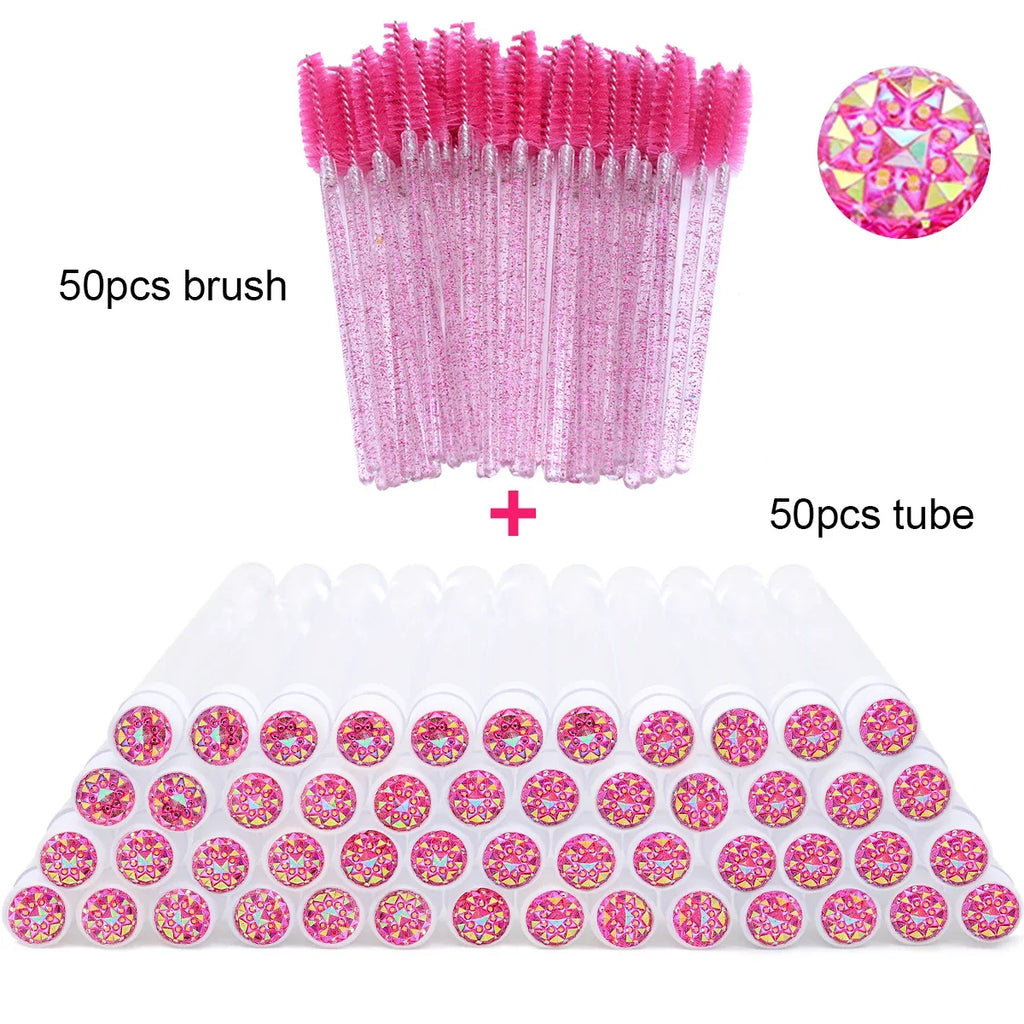 50Pcs Eyelash Brush Tubes With Crystal Lash Mascara Wands Eyebrow Comb Spoolies Container Lash Brush Applicators Makeup Tools