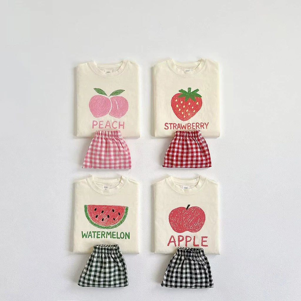 Fruit Pattern T-shirt Children's Clothes Summer Fashion Casual Korean Style Short Sleeve Suit Tees + Plaid Shorts Kids Outfits