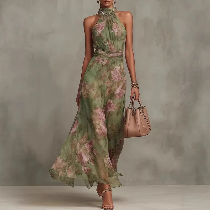 Elegant Halter Off Shoulder Hollow Party Dresses Woman Spring Floral Print Chiffon Long Dress Boho Sleeveless Summer Beach Dress