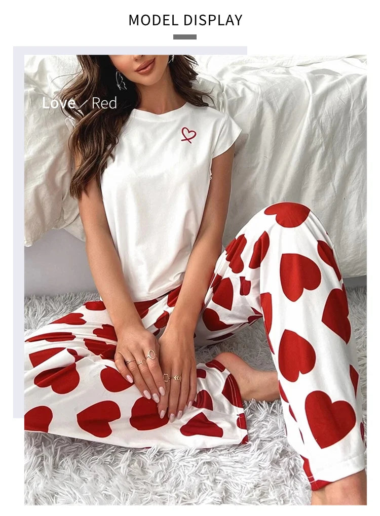 Heart & Letter Printed Womens Pajama Pj Set Soft Short Sleeve Tops & Elastic Waist Pants Pyjama Pijama Femme Casual Home Clothes