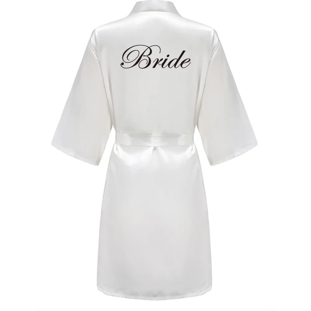 Light Blue Women's Satin Robe Short Kimono for Bride & Bridesmaid With White Letter, Wedding Party Robes