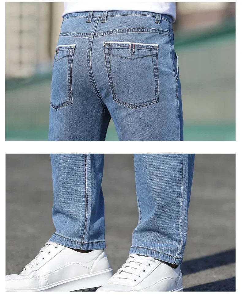 2025 Summer New Men's Loose Gray Jeans Fashion Casual Stretch Straight-leg Denim Pants Male Light Blue Men's Trousers