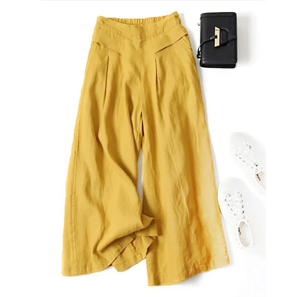 2026 Summer Women's Culottes Cotton Linen Cropped Wide Leg Pants Elastic Waist Casual Palazzo Trousers with Pockets