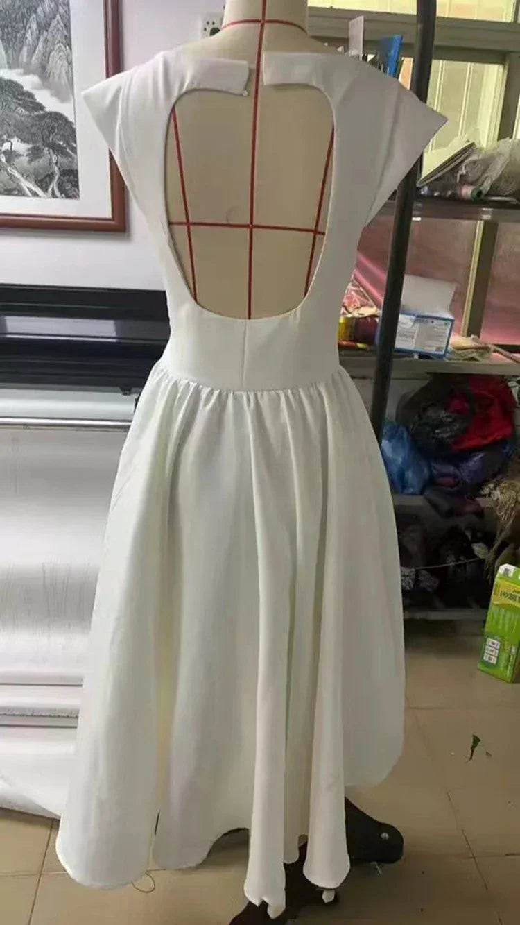 Suninheart Women Circle Cut Out Back Dress Wide Shoulders and Fitted Waist Prom Dress Fluffy Hem Midi Wedding Party Dresses