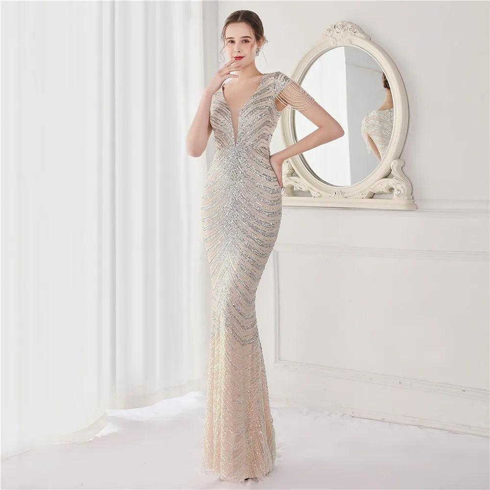 DEERVEADO Elegant V Neck Mermaid Evening Dress Long Luxury Beads Women Evening Party Dresses 2025 New Formal Dress 19085