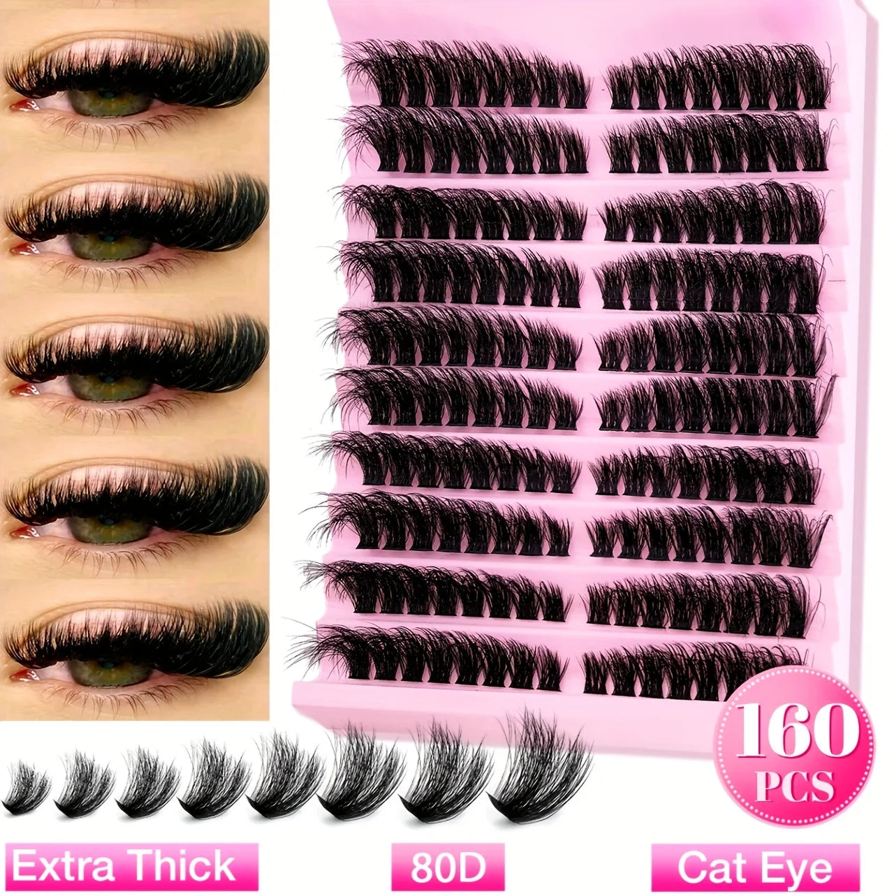 Natural Look D Curl Lash Clusters 120/160/200 PCS (9-16mm) DIY Eyelash Extensions Kit Mixed 40D T50 80D & 80D Cat Eye