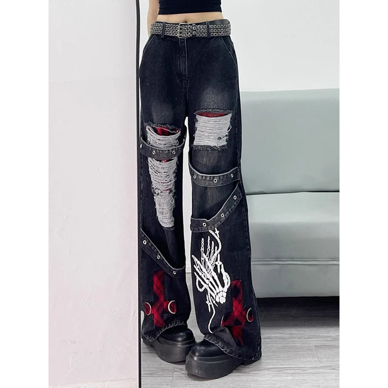 Y2k American-style hot girl ripped casual jeans for women straight-cut high-waisted loose wide-leg large-size floor-length pants
