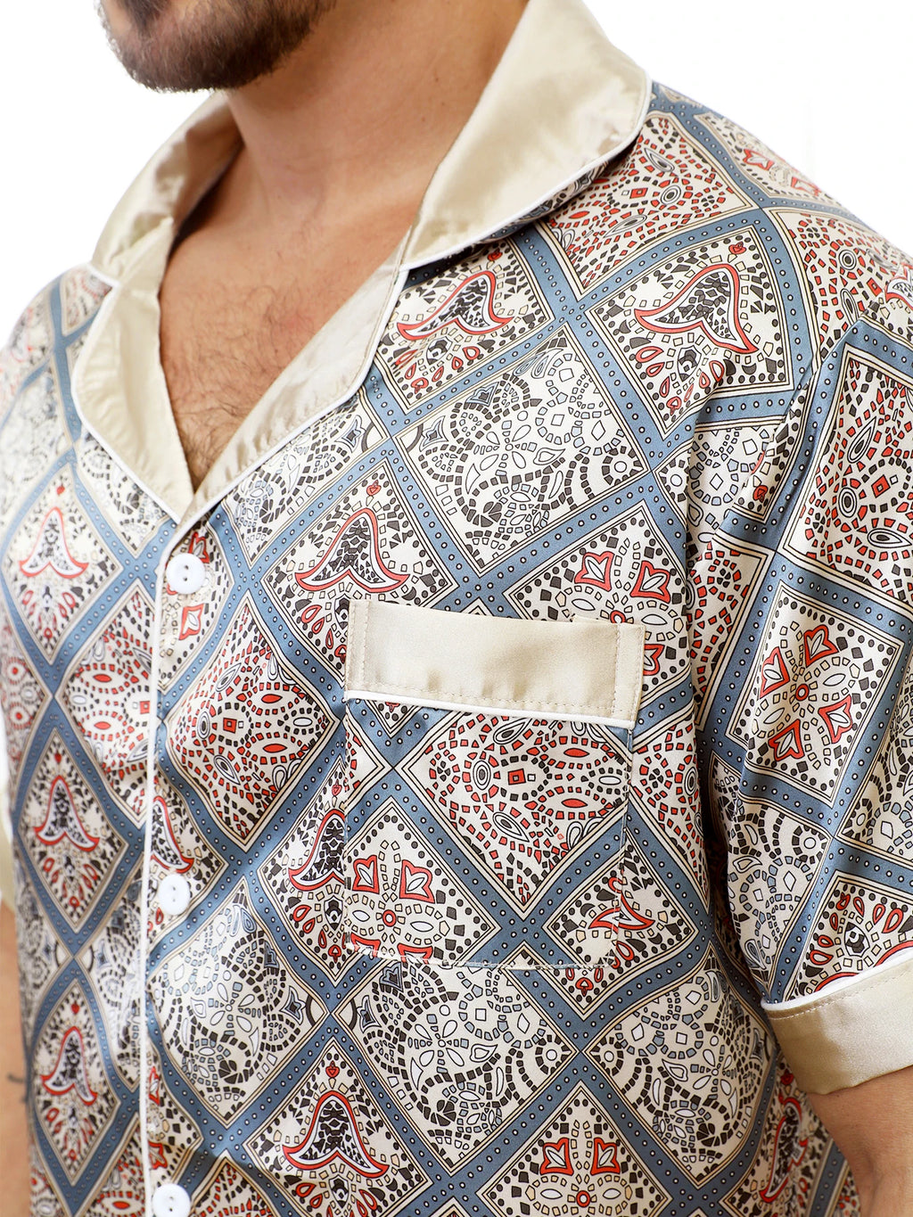 2pcs Men's Geometric Print Pajama Set Stylish Brown Short-Sleeve Shirt with Elastic Waist Shorts Comfortable Polyester Sleepwear